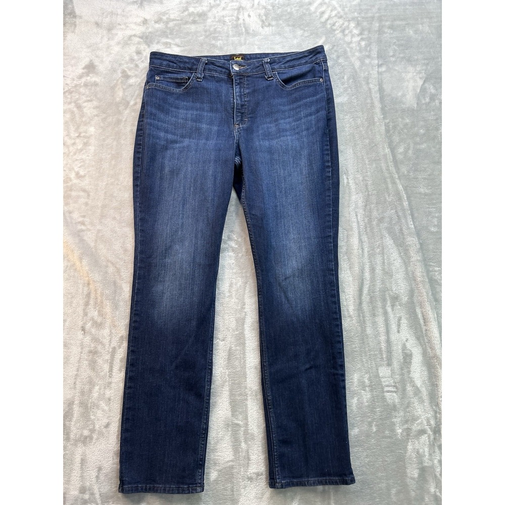 Lee Jeans Womens Plus Size 16L Straight Leg Mid Rise Dark Blue Whiskered Stretch